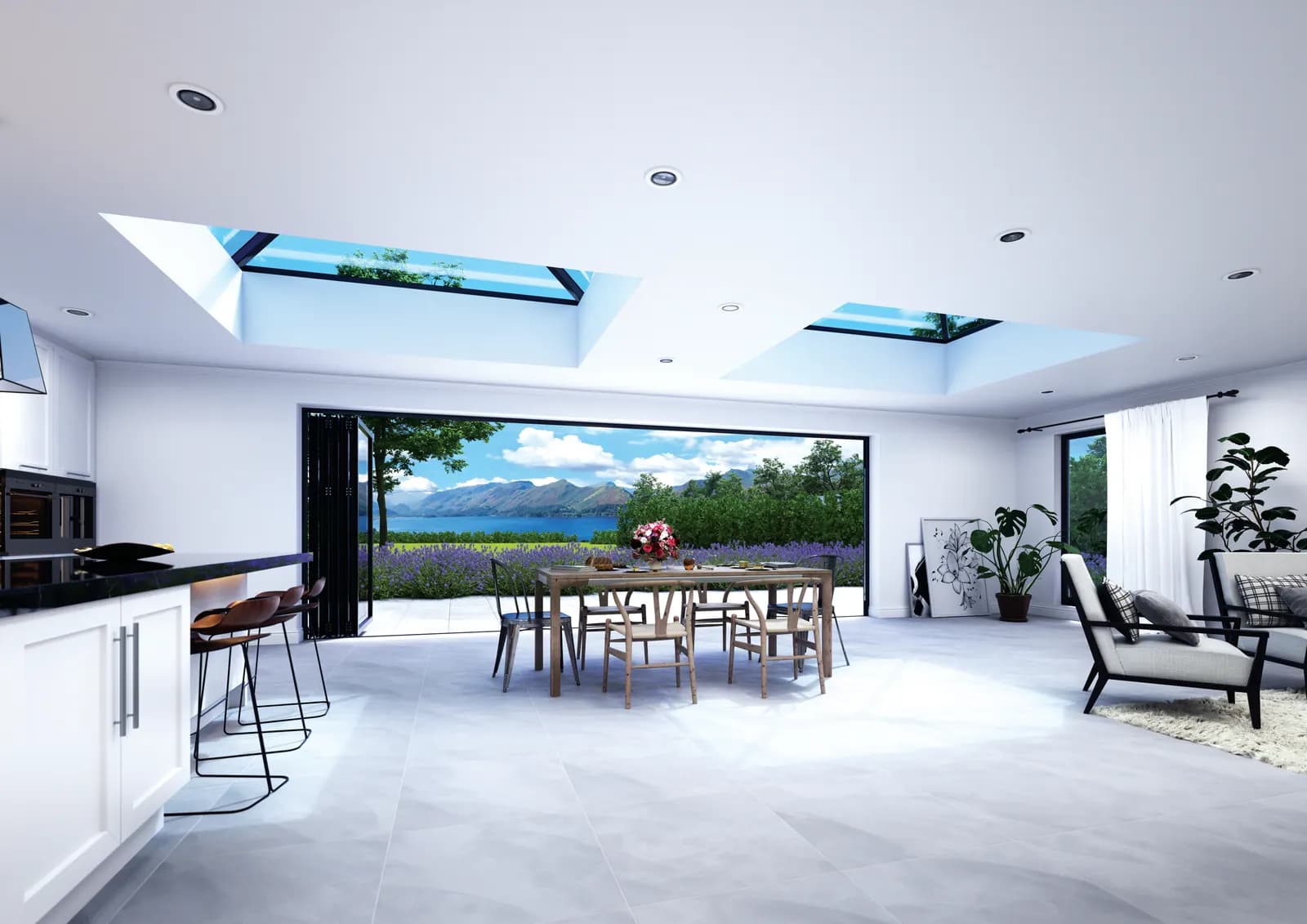 A kitchen and dining room lit by two rooflights, with bifolds along the far wall