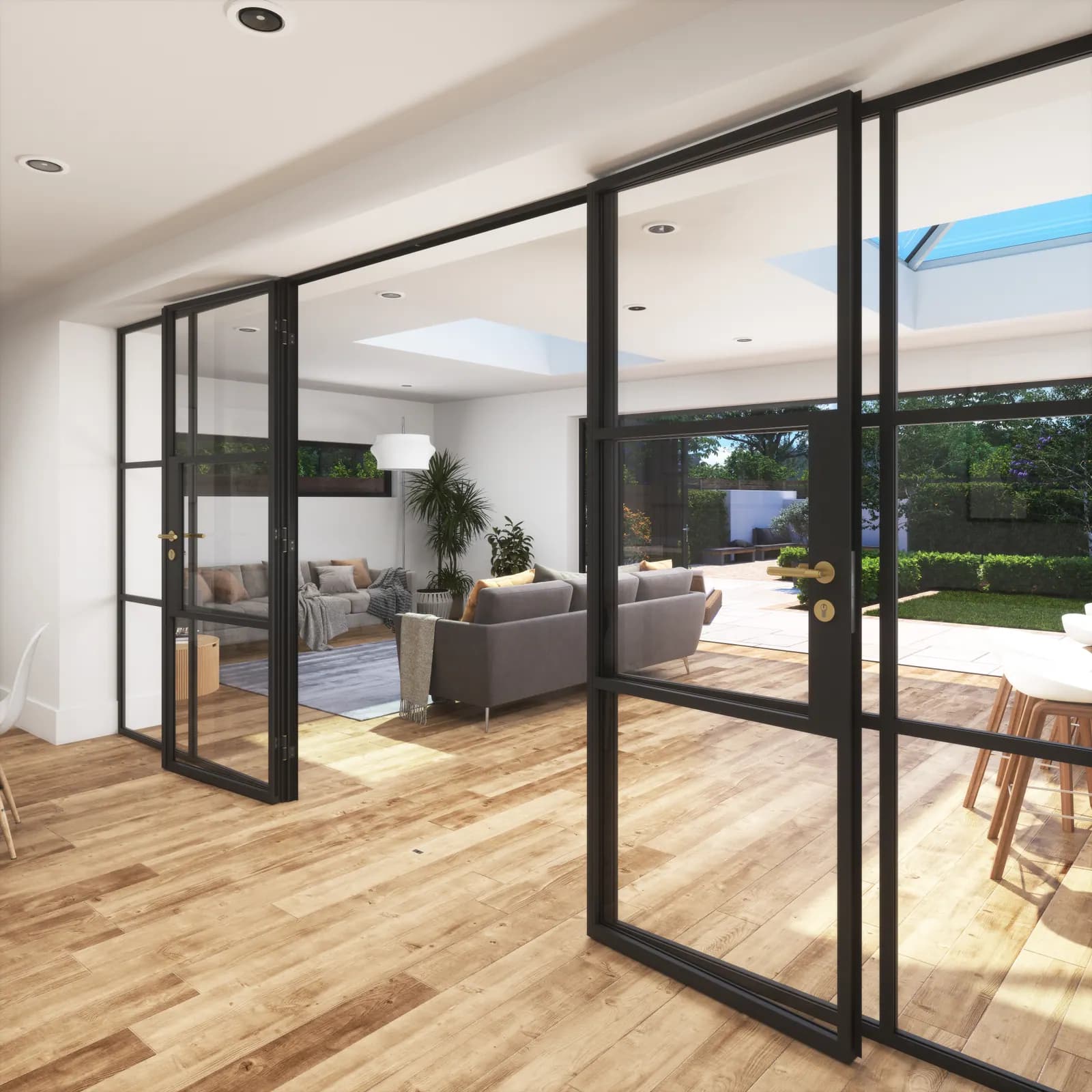 Close detail of a slim black partition frame and knurled handle