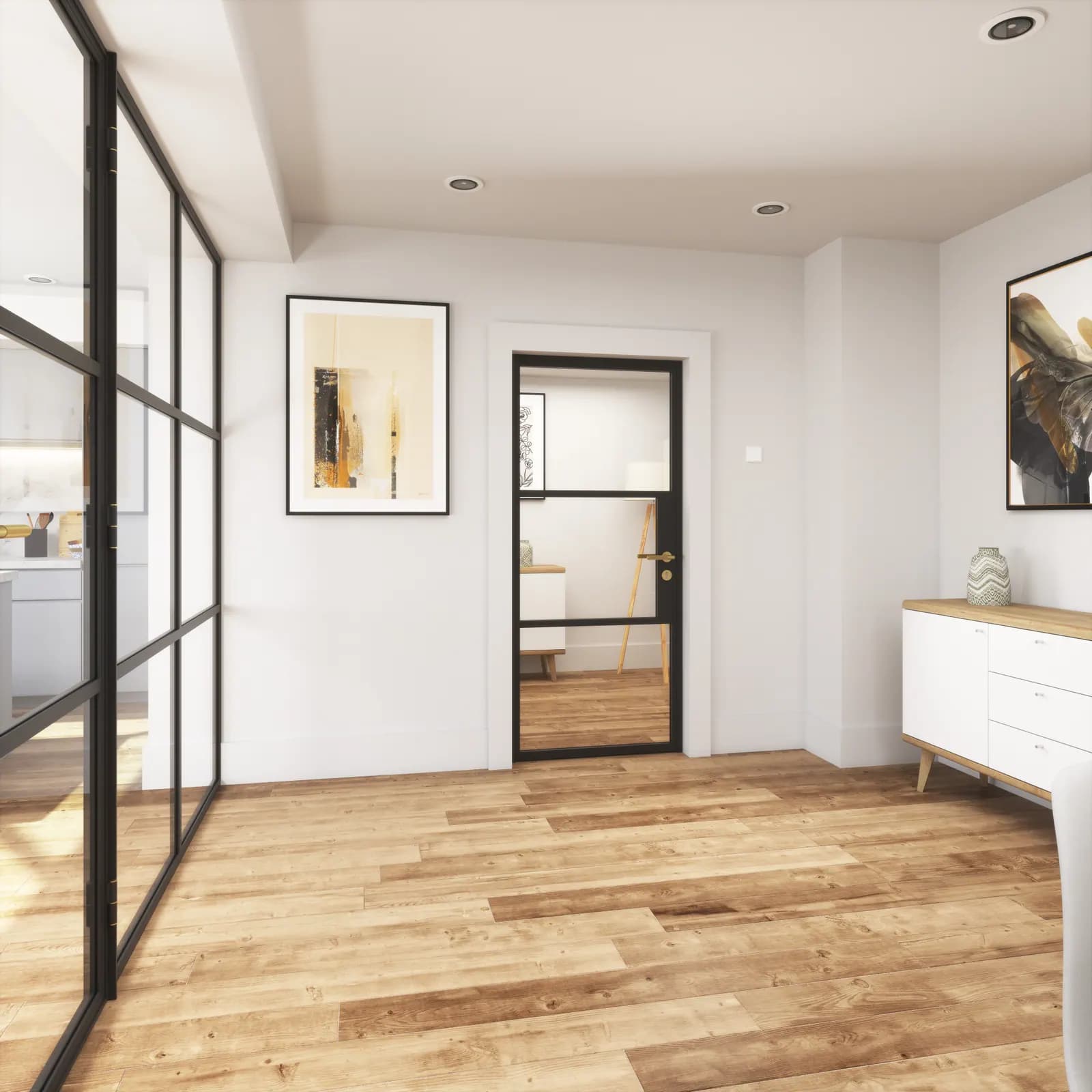 Steel-look double doors set in a glazed screen