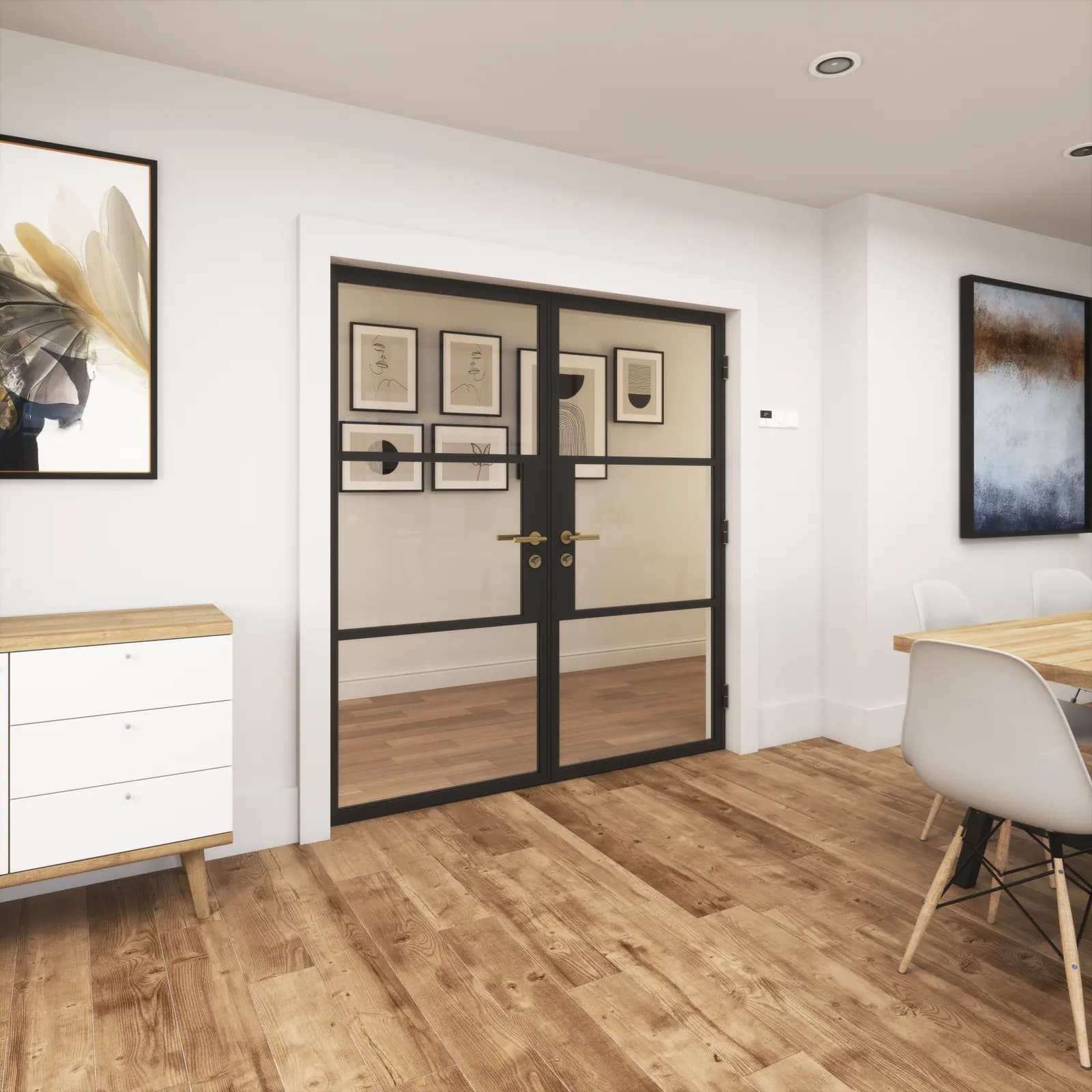 Steel-look glass partition between two rooms