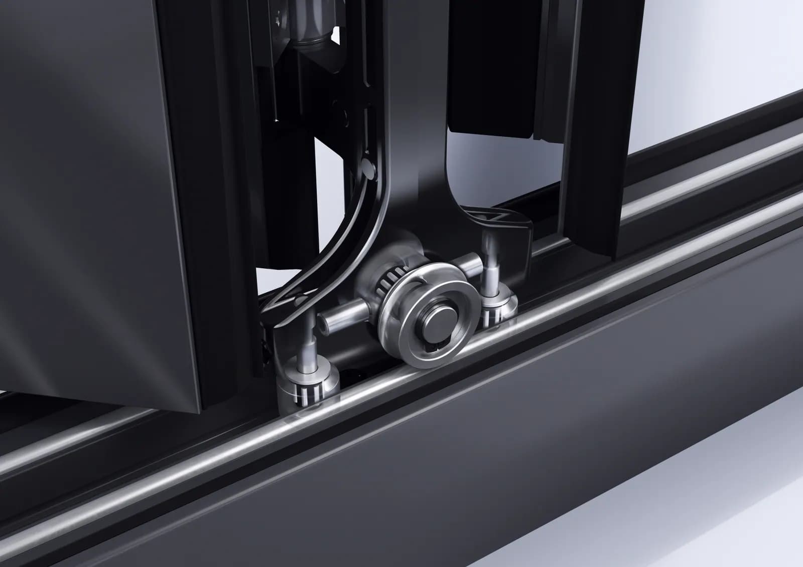 Close-up of the running gear and rollers in a Korniche bifold track