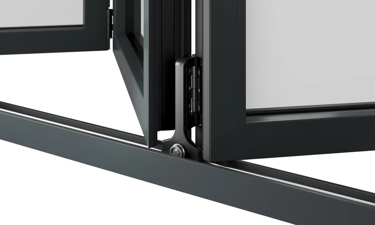 Close-up of the roller hinge and bottom rail on a Korniche bifold
