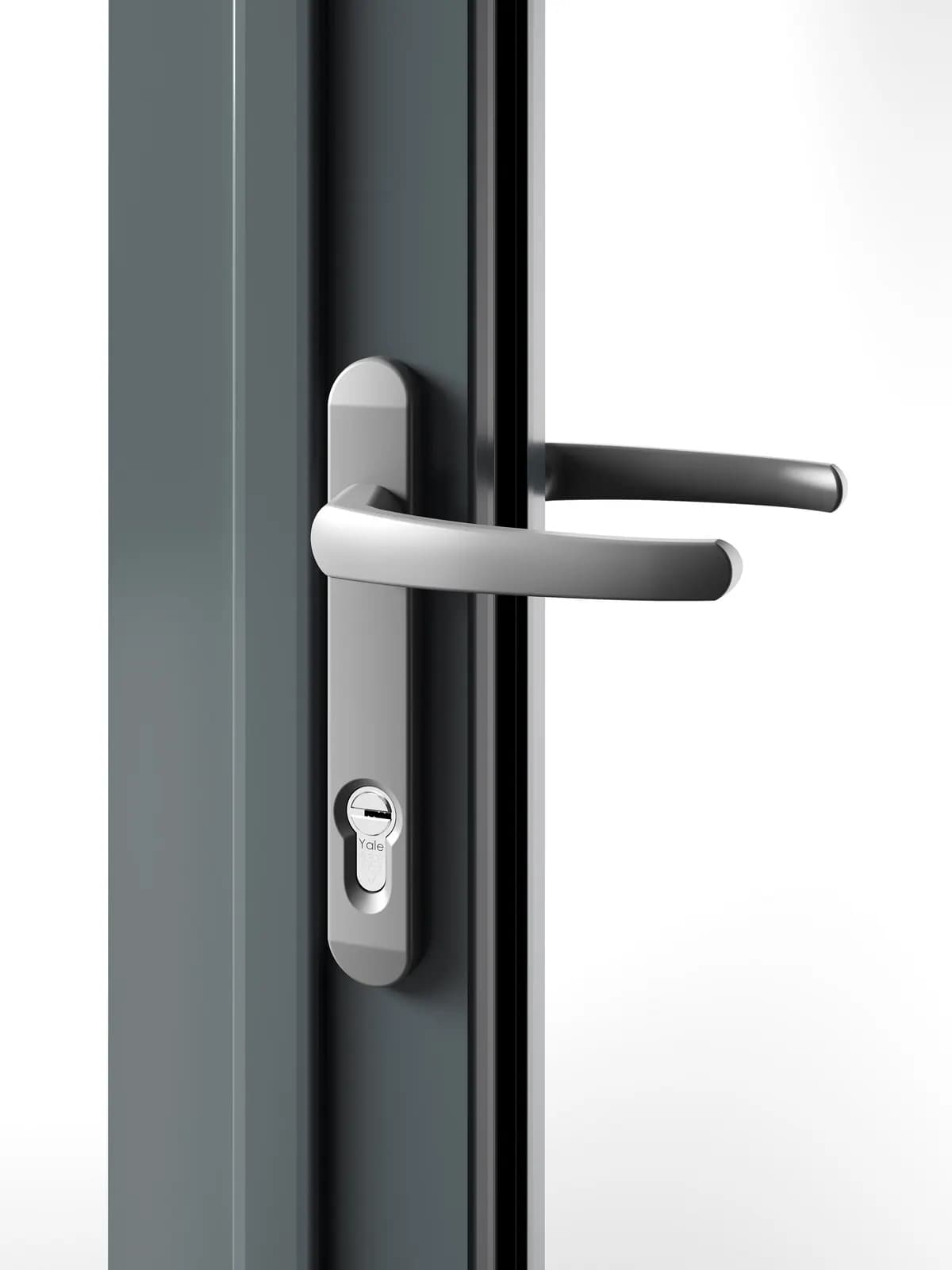 A lever handle and lock on the stile of an anthracite bifold sash