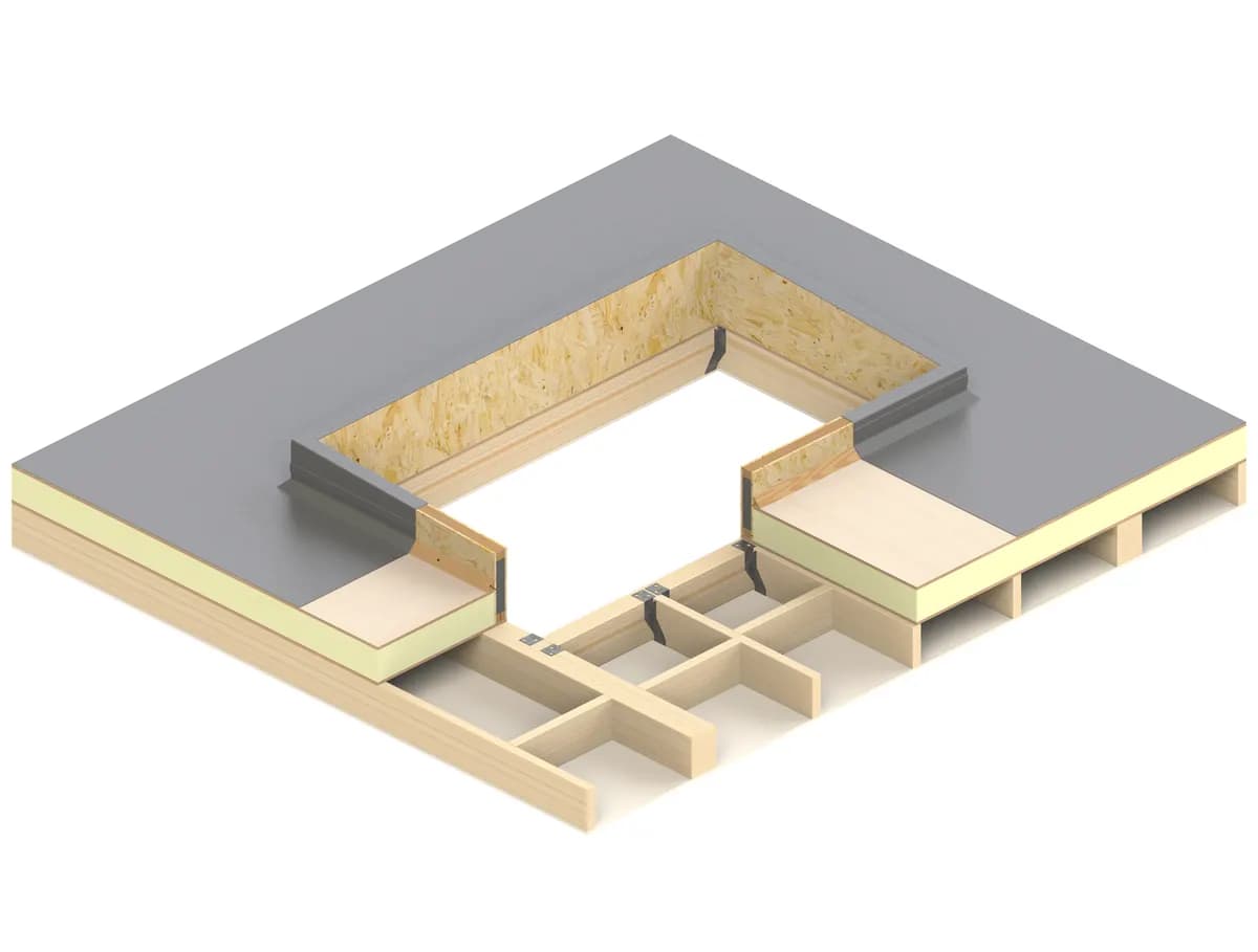Cutaway of a warm roof build-up with an insulated upstand around the opening